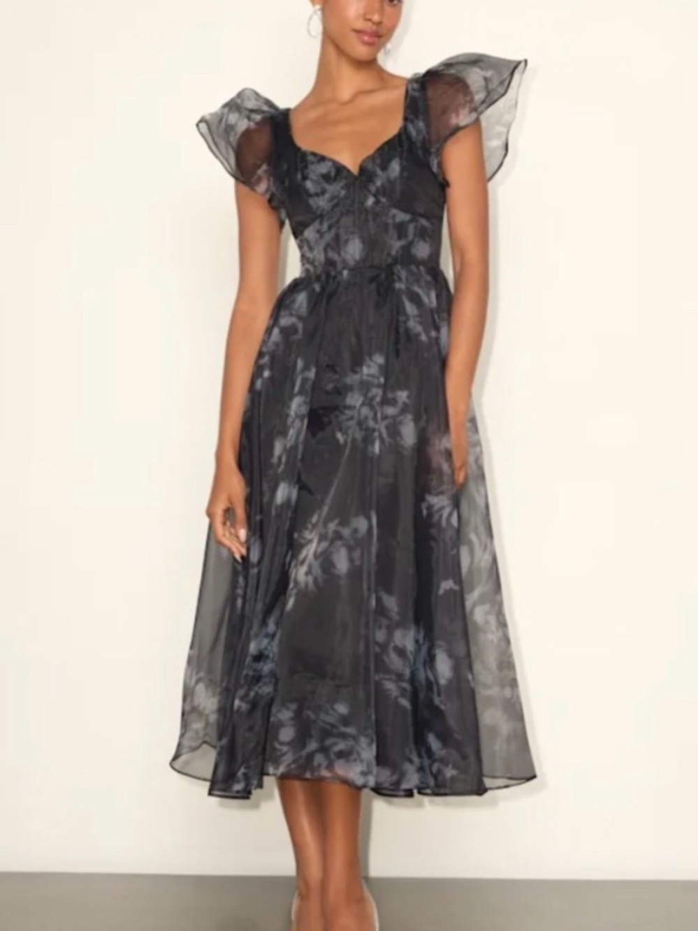 Lulu's Black Sheer V-Neck Ruffled Midi Dress